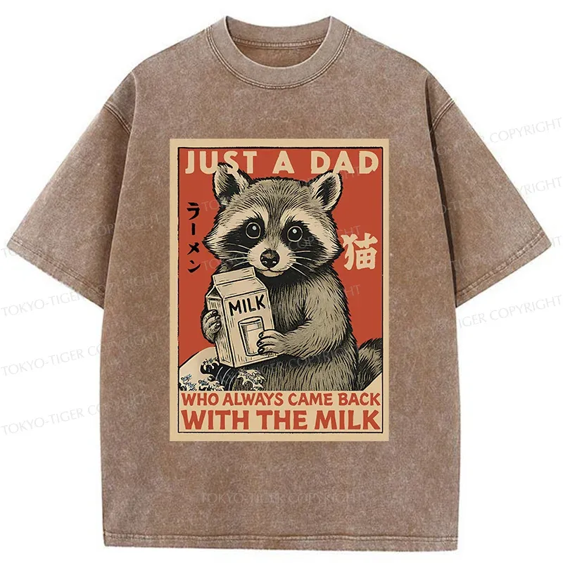 Tokyo-Tiger Cute Raccoon Holding Milk Washed T-Shirt