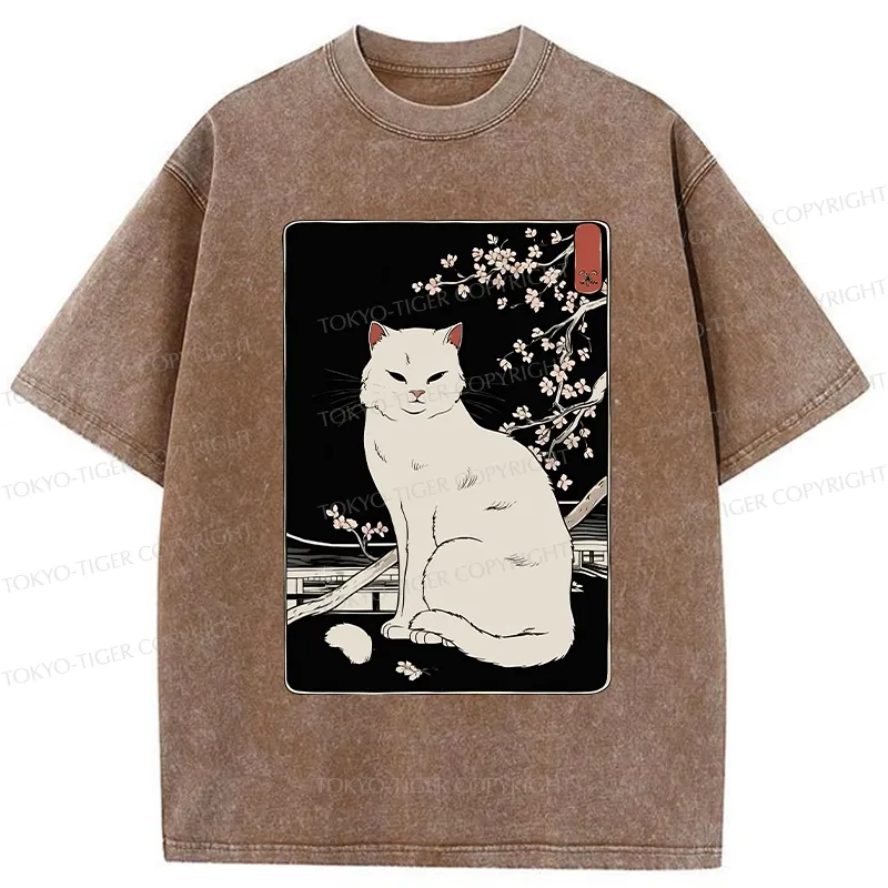 Tokyo-Tiger Cat Under The Sakura Washed T-Shirt