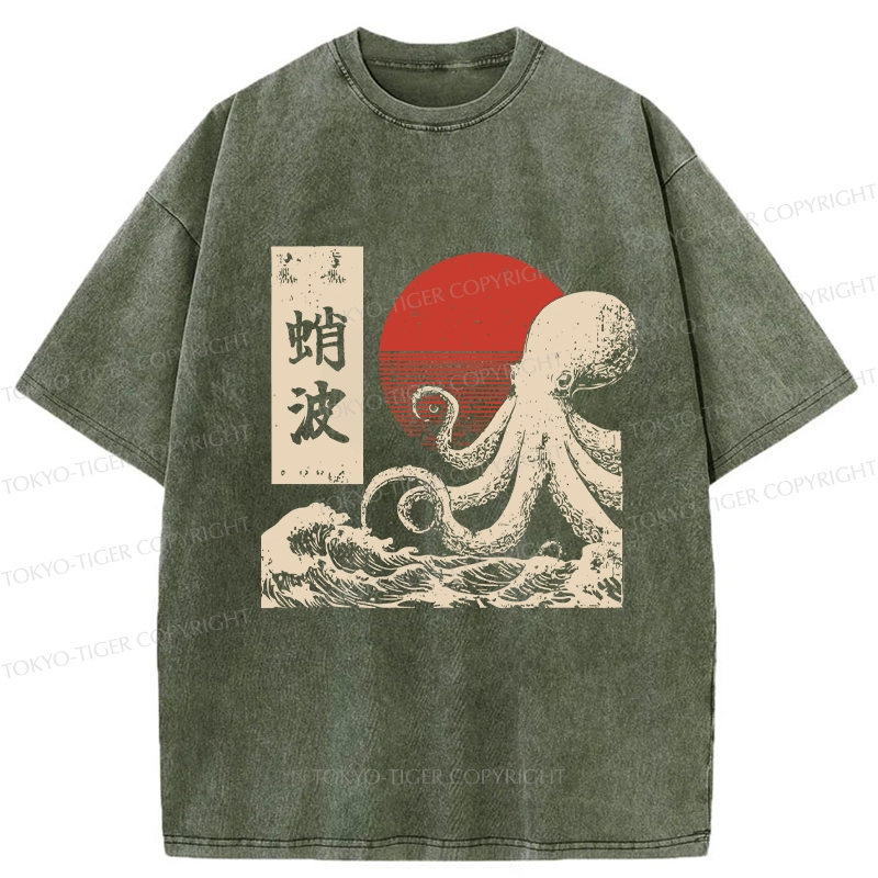 Tokyo-Tiger Retro Octopus Wave Washed T-Shirt