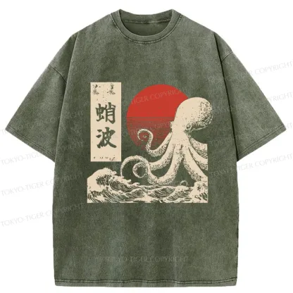 Tokyo-Tiger Retro Octopus Wave Washed T-Shirt