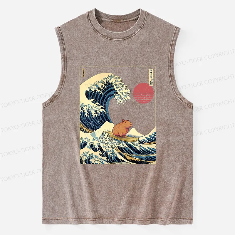 Tokyo-Tiger Capybara Surfing Washed Tank