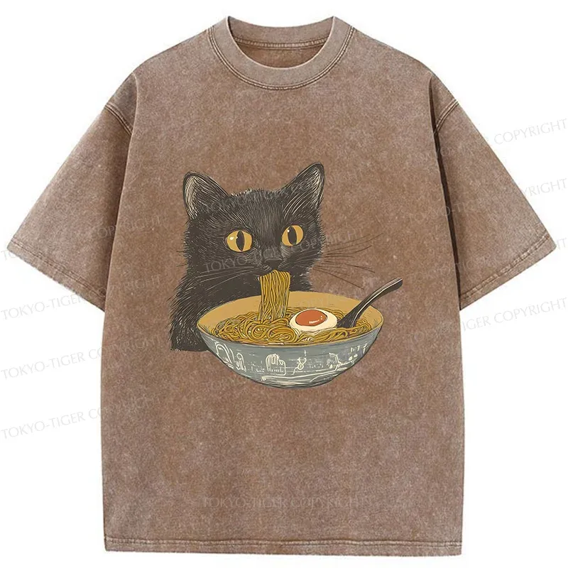 Tokyo-Tiger Cat Eating Tonkotsu Ramen Washed T-Shirt