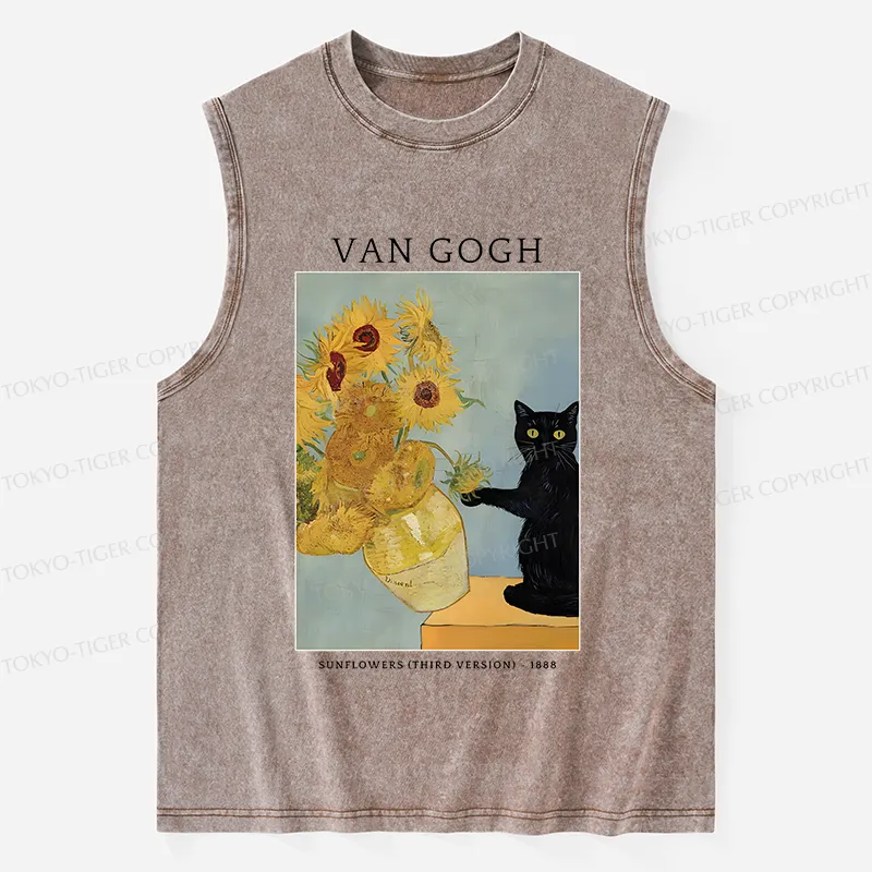 Tokyo-Tiger Black Cat With Sunflowers Washed Tank