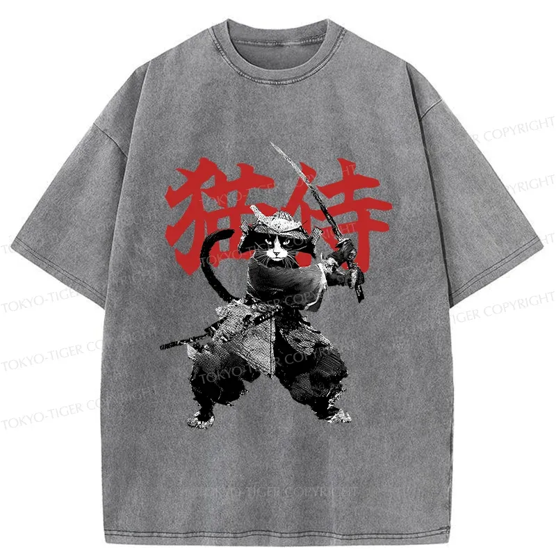 Tokyo-Tiger Black Cat Samurai Washed T-Shirt