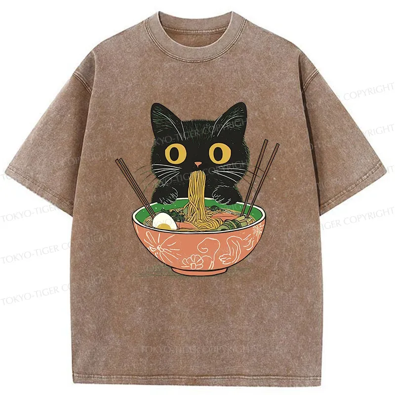 Tokyo-Tiger Black Cat Steals Ramen Washed T-Shirt