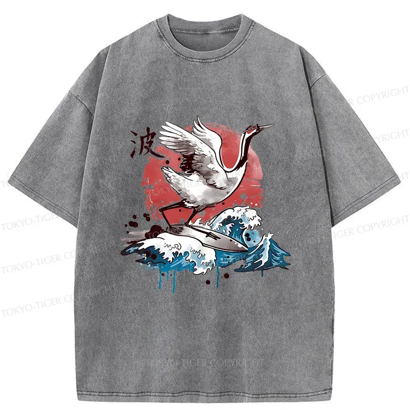Tokyo-Tiger Crane Surfing Washed T-Shirt