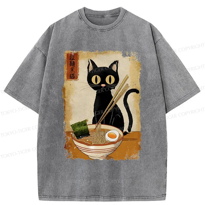 Tokyo-Tiger Cat Eating Ramen Retro Washed T-Shirt