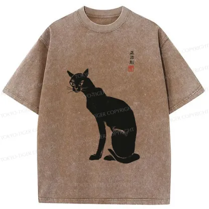 Tokyo-Tiger Slender Black Cat Washed T-Shirt