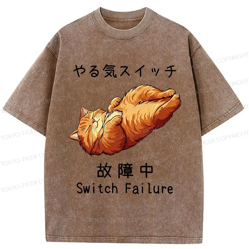 Tokyo-Tiger Funny Cat Switch Failure Washed T-Shirt