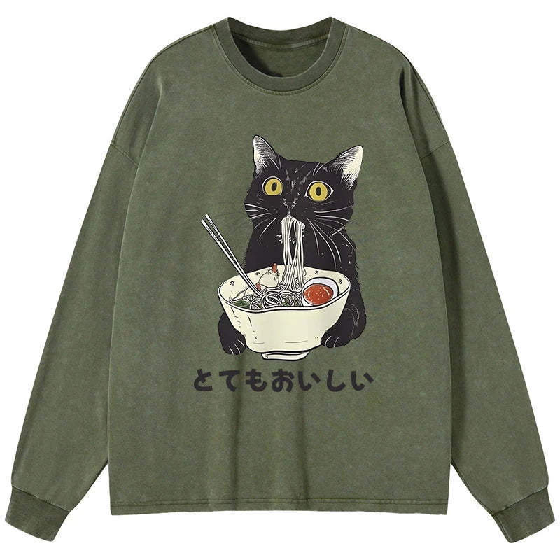 Tokyo-Tiger Cats Eat Ramen Noodles Washed Long Sleeve T-Shirt Sale