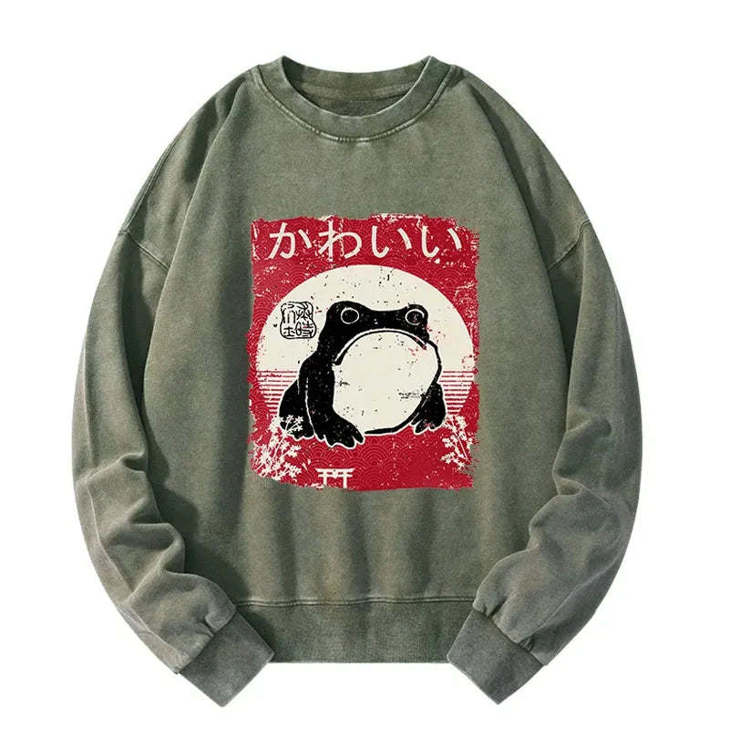 Tokyo-Tiger Woodblock Print Grumpy Frog Washed Sweatshirt