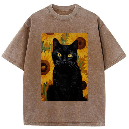 Tokyo-Tiger Black Cat Among Sunflowers Washed T-Shirt