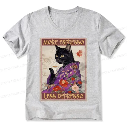 Tokyo-Tiger Japanese Cat Drinking Coffee V-Neck Classic T-Shirt