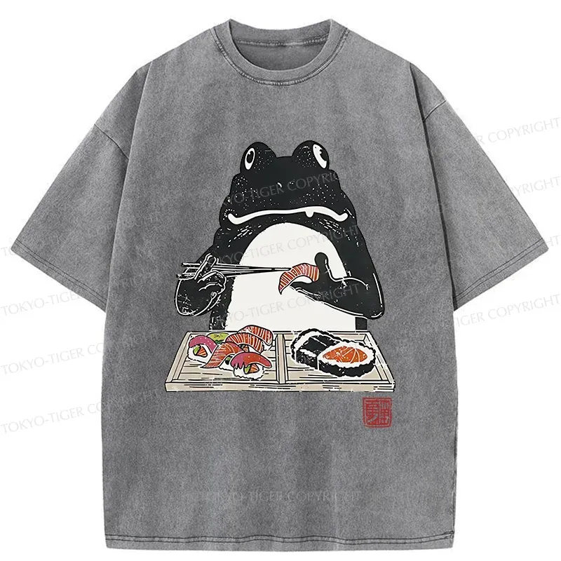 Tokyo-Tiger Frog Eating Sushi Washed T-Shirt