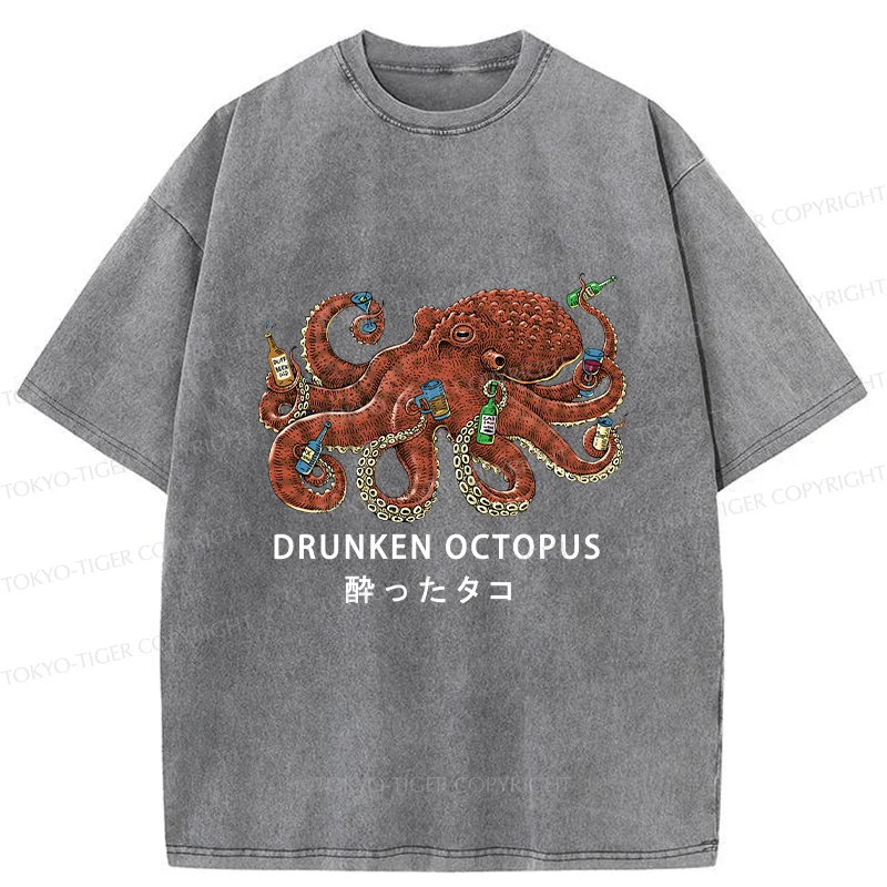 Tokyo-Tiger Drinking Octopus Washed T-Shirt