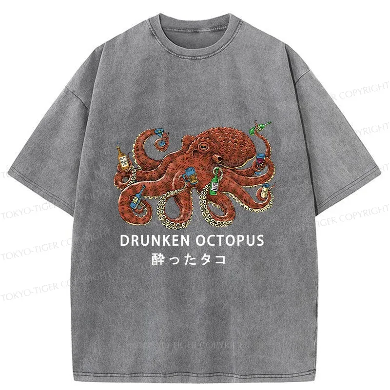 Tokyo-Tiger Drinking Octopus Washed T-Shirt