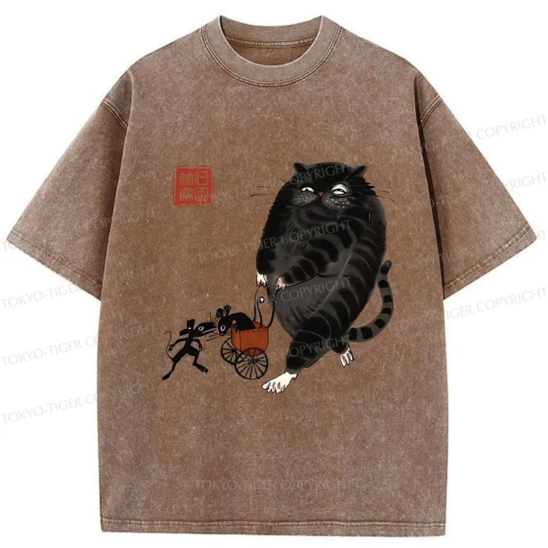 Tokyo-Tiger Funny Cat Pushing Mouse In Cart Washed T-Shirt