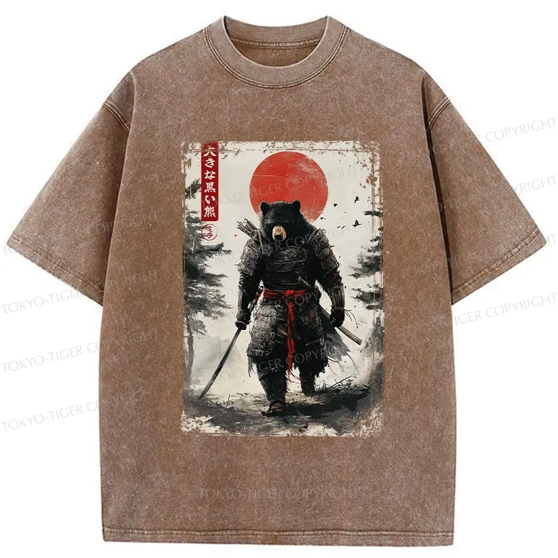 Tokyo-Tiger Retro Black Bear Samurai Washed T-Shirt