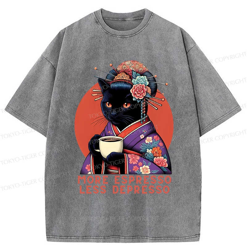 Tokyo-Tiger Black Cat Geisha Drinking Coffee Washed T-Shirt