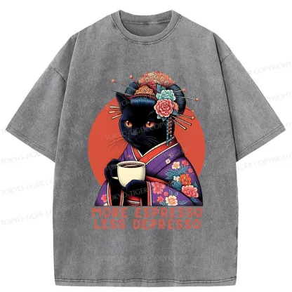 Tokyo-Tiger Black Cat Geisha Drinking Coffee Washed T-Shirt