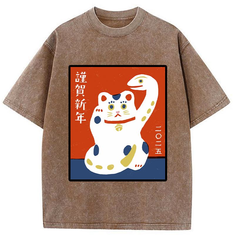 Tokyo-Tiger Happy New Year With Lucky Cat Washed T-Shirt