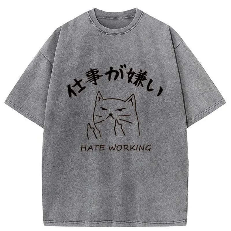 Tokyo-Tiger A Cat That Hates Work Washed T-Shirt-tokyo-tiger