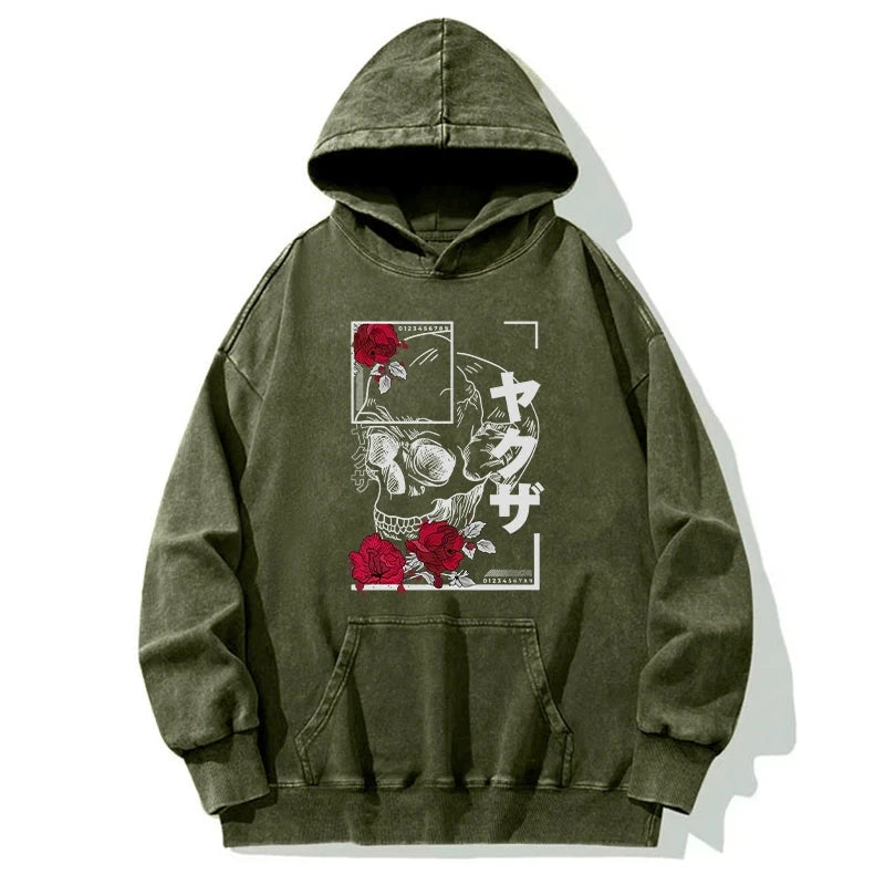 Tokyo-Tiger Skull Roses Japanese Aesthetic Washed Hoodie