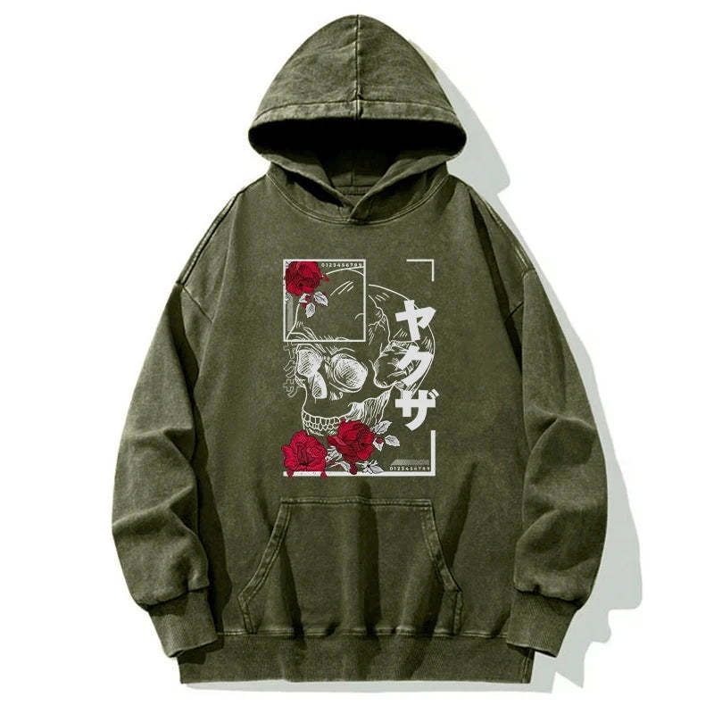 Tokyo-Tiger Skull Roses Japanese Aesthetic Washed Hoodie