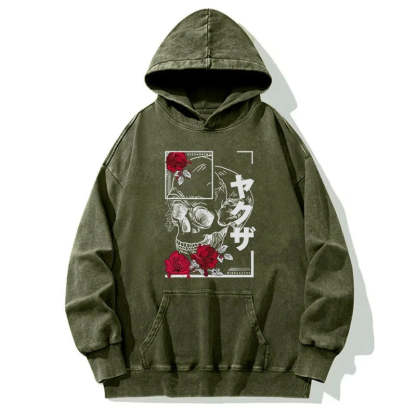Tokyo-Tiger Skull Roses Japanese Aesthetic Washed Hoodie