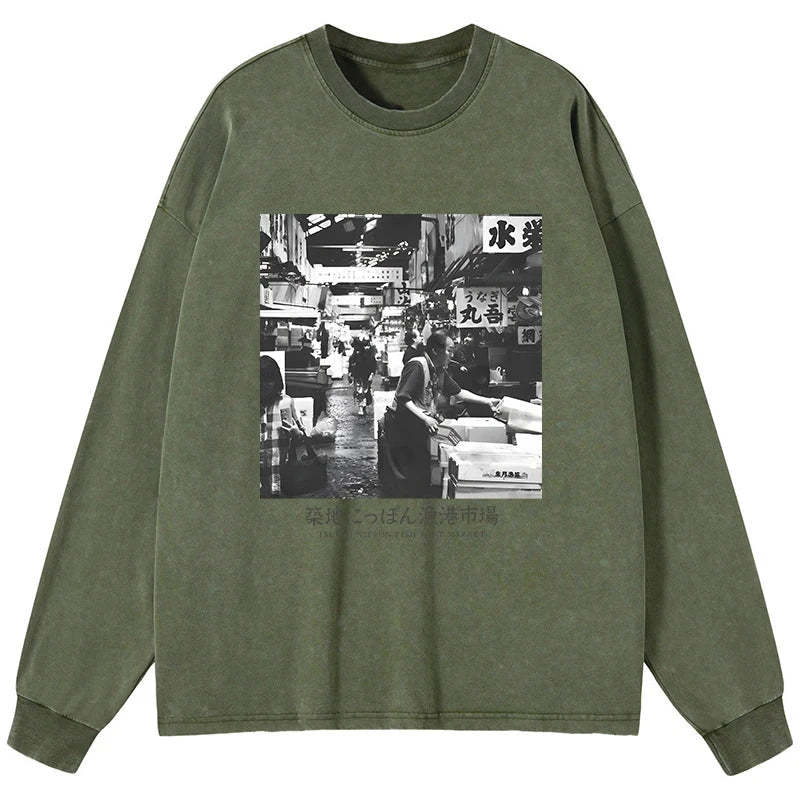 Tokyo-Tiger Tsukiji Fish Market Photo Washed Long Sleeve T-Shirt Sale