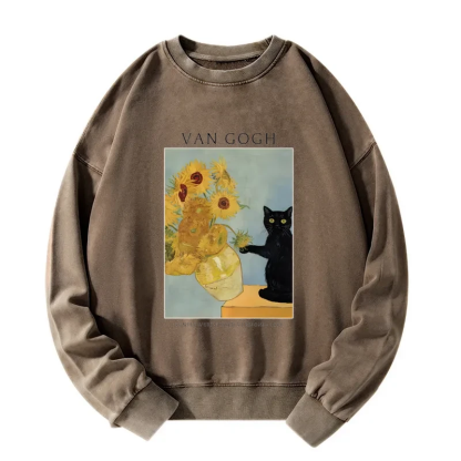 Tokyo-Tiger Black Cat With Sunflowers Washed Sweatshirt