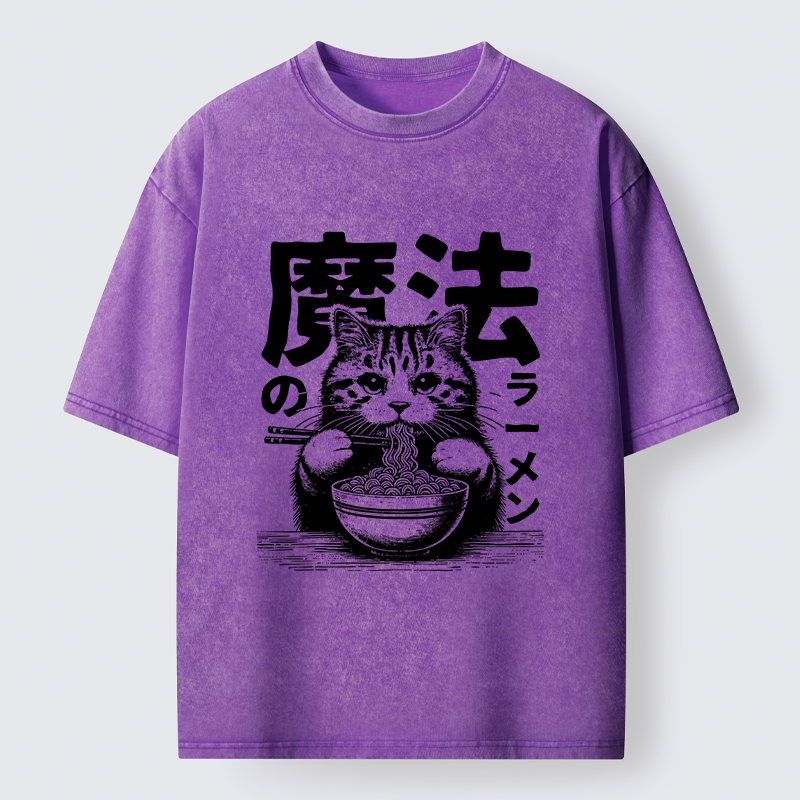 Tokyo-Tiger Cat Eating Magic Ramen Washed T-Shirt