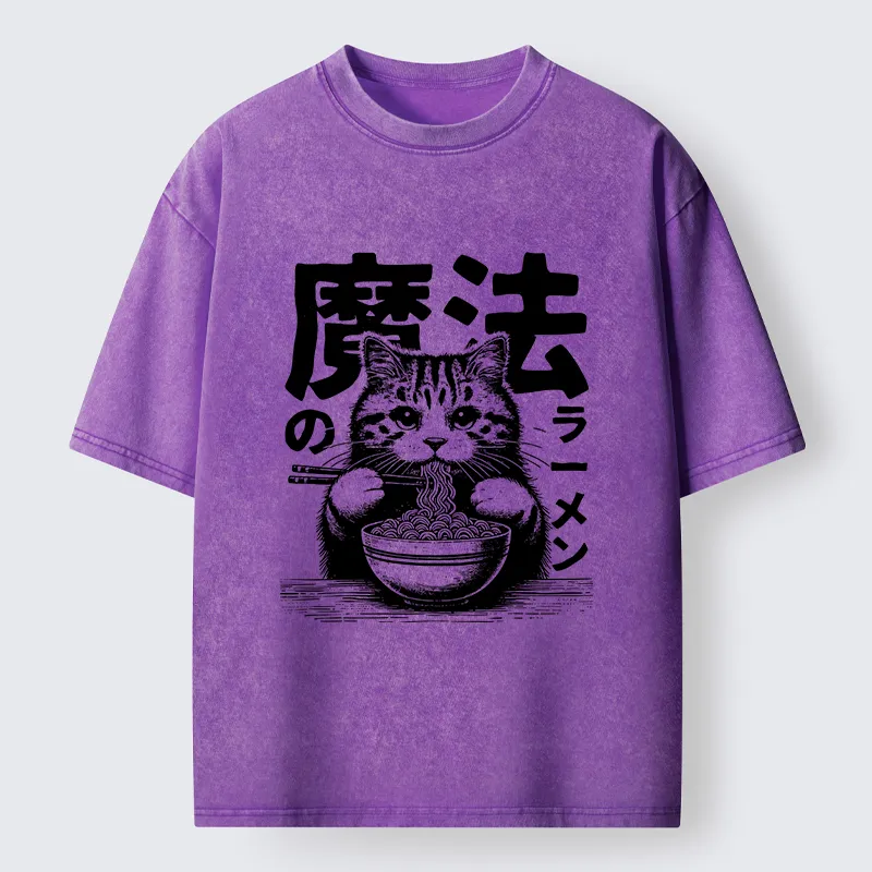 Tokyo-Tiger Cat Eating Magic Ramen Washed T-Shirt