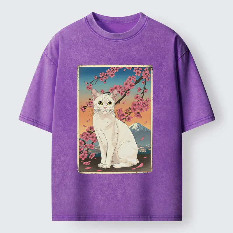 Tokyo-Tiger Sakura Fuji And Cat Japanese Art Washed T-Shirt