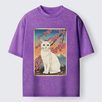 Tokyo-Tiger Sakura Fuji And Cat Japanese Art Washed T-Shirt