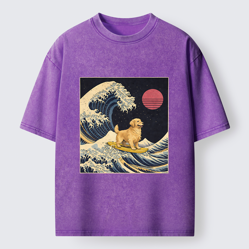 Tokyo-Tiger The Great Wave Dog Funny Washed T-Shirt