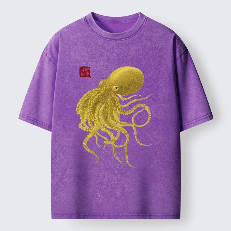 Tokyo-Tiger Woodblock Golden Octopus Washed T-Shirt