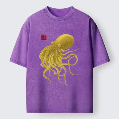 Tokyo-Tiger Woodblock Golden Octopus Washed T-Shirt