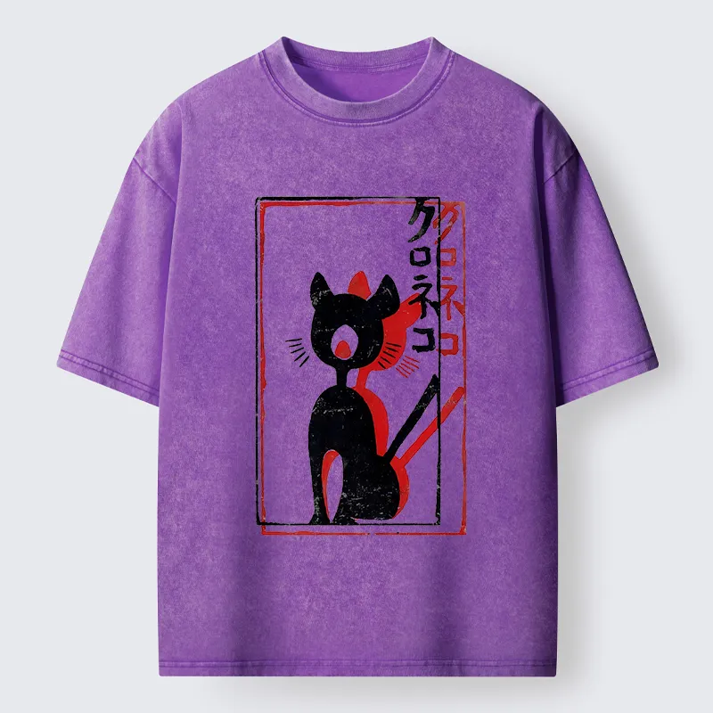Tokyo-Tiger Japanese Retro Black Cat Poster Washed T-Shirt