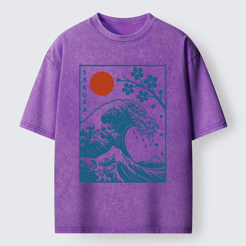 Tokyo-Tiger Japanese The Great Wave And Sakura Washed T-Shirt