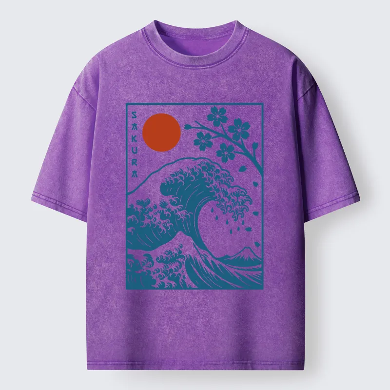 Tokyo-Tiger Japanese The Great Wave And Sakura Washed T-Shirt