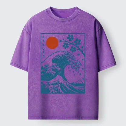 Tokyo-Tiger Japanese The Great Wave And Sakura Washed T-Shirt