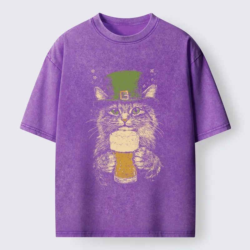 Tokyo-Tiger St Patrick's Day Drinking Cat Washed T-Shirt