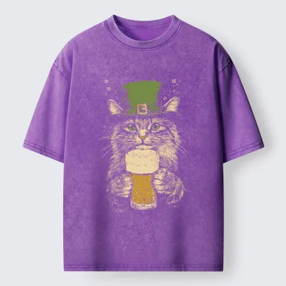 Tokyo-Tiger St Patrick's Day Drinking Cat Washed T-Shirt