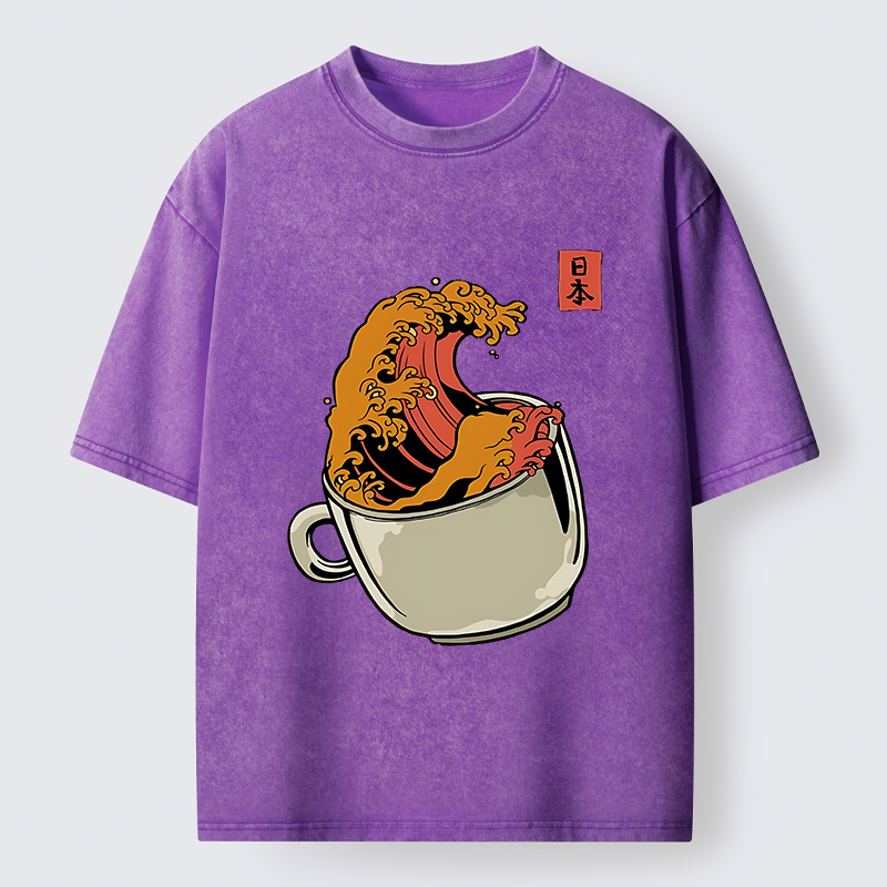 Tokyo-Tiger Japanese Wave Coffee Ukiyoe Washed T-Shirt