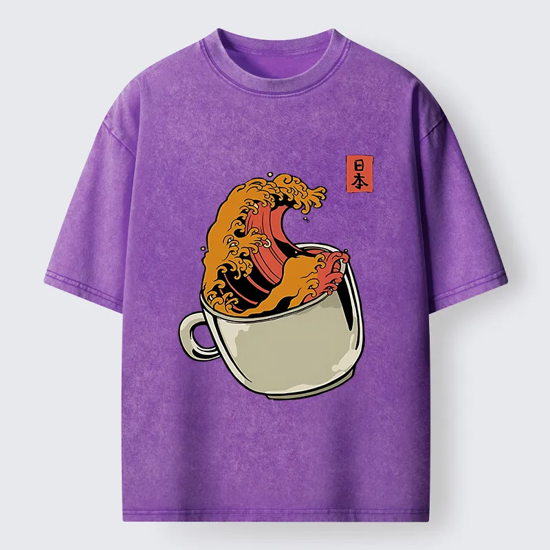 Tokyo-Tiger Japanese Wave Coffee Ukiyoe Washed T-Shirt