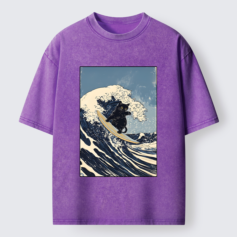Tokyo-Tiger Black Cat Surfing Wave Japanese Ukiyoe Washed T-Shirt