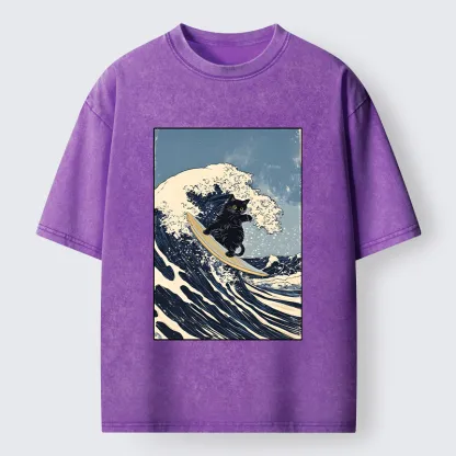 Tokyo-Tiger Black Cat Surfing Wave Japanese Ukiyoe Washed T-Shirt