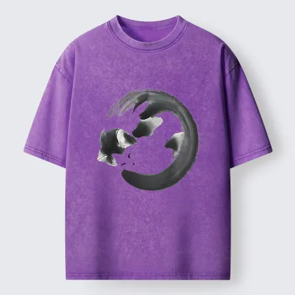 Tokyo-Tiger Inkpainting Cat Zen Enso Washed T-Shirt