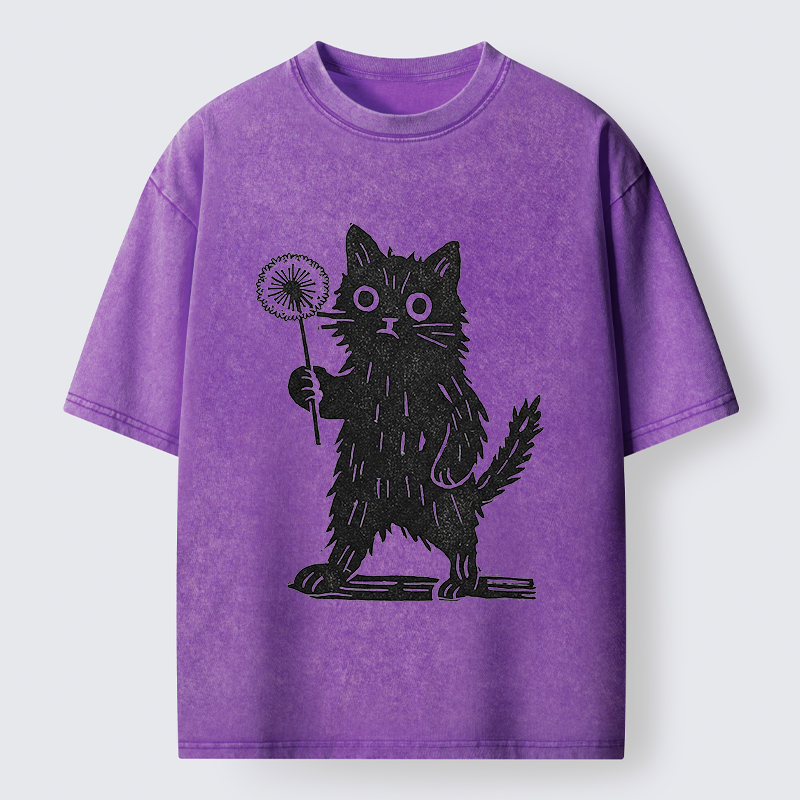 Tokyo-Tiger Cat And Dandelion Woodblock Washed T-Shirt